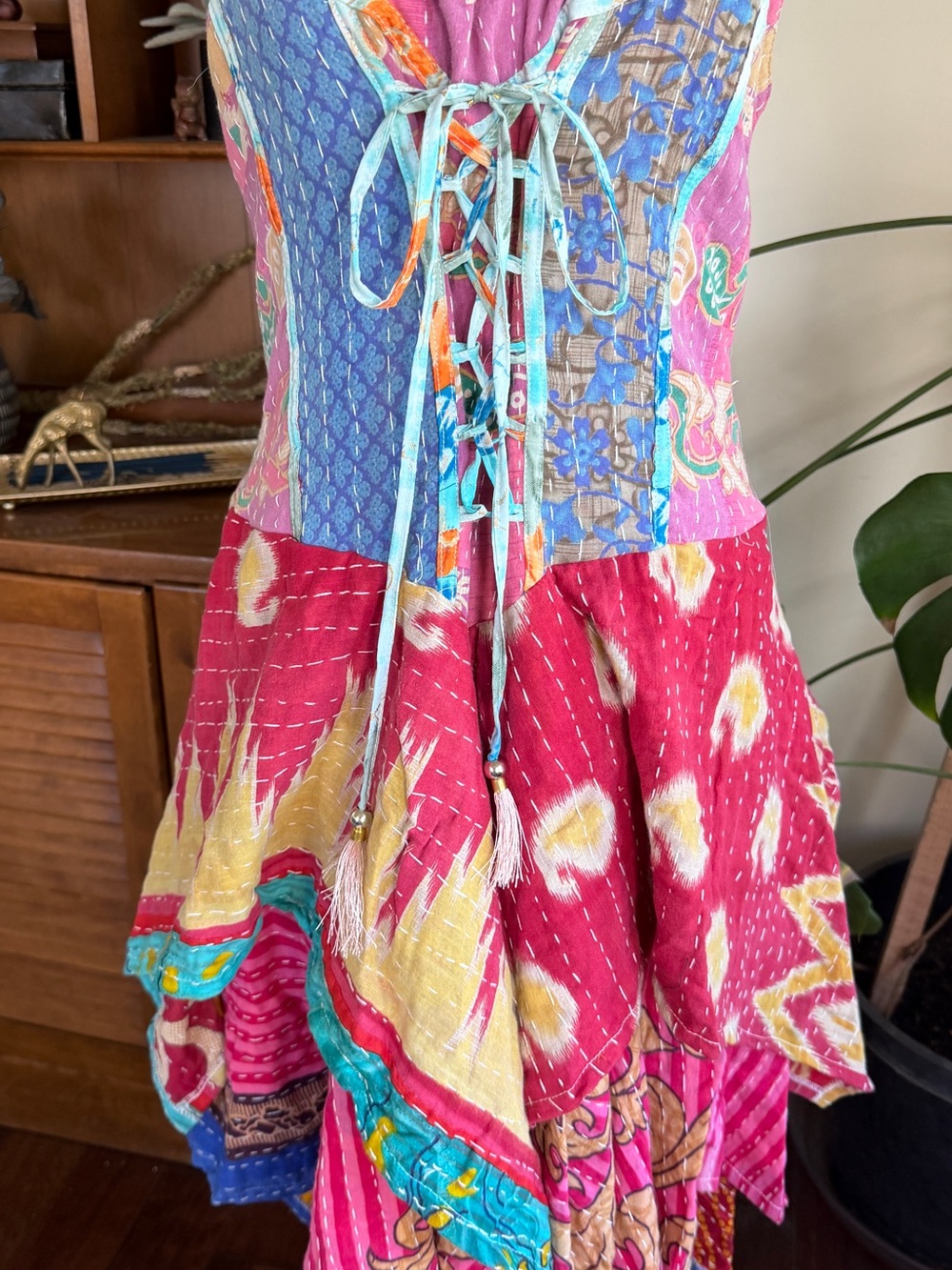 Wevez Kantha Bohemian Patchwork Pixie Skirt Corset Sundress Pink Multi OS - Picture 3 of 14